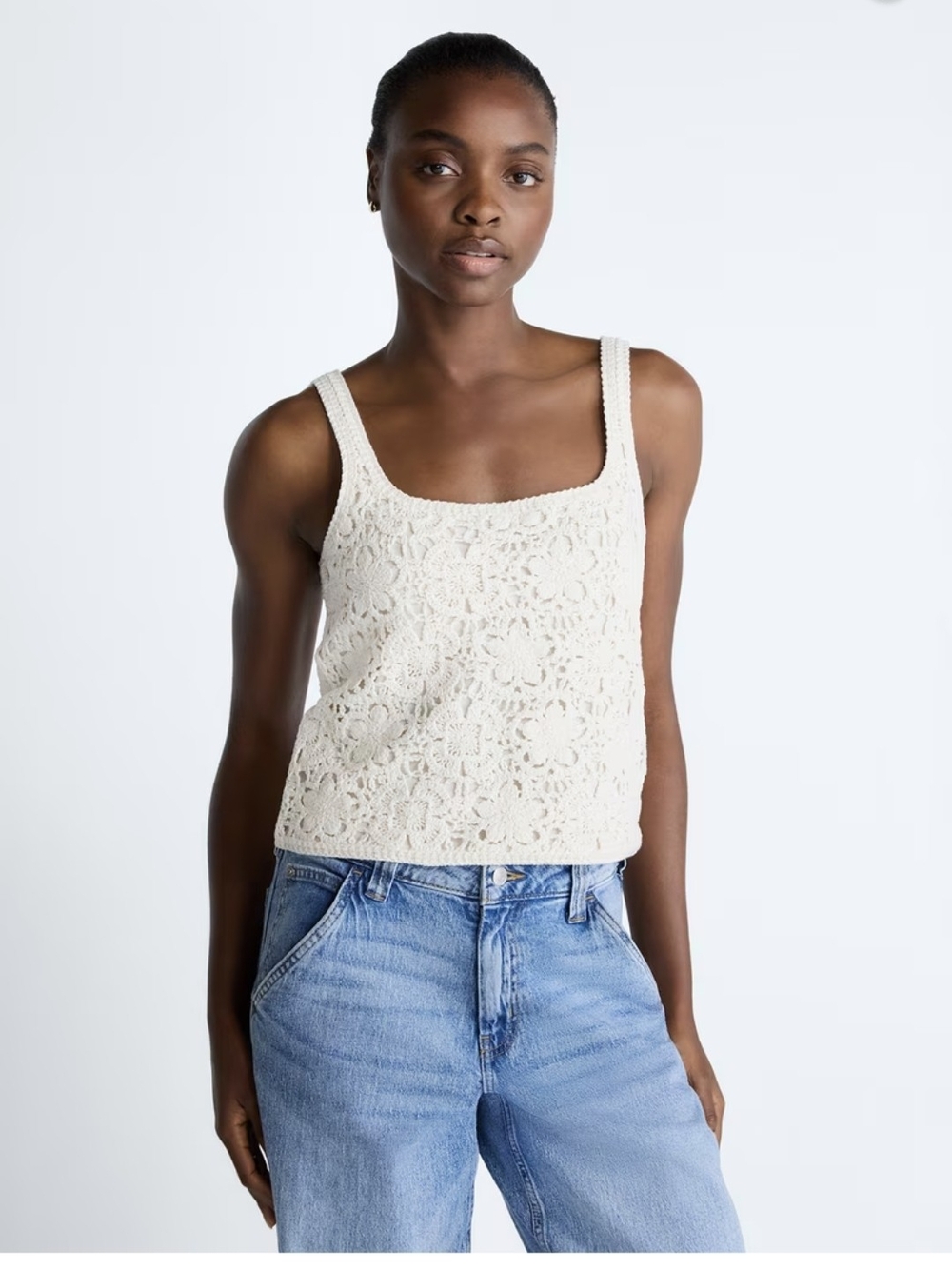 Scoop Women's Square Neck Crochet Cotton Tank Top XL